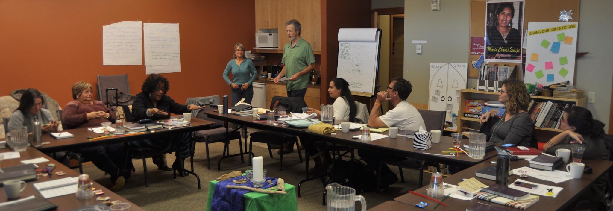 The Doctrine of Discovery Coalition met in January 2016 at Seattle Mennonite Church. (l. to r.) Patty Burdette, Iris de León-Hartshorn, Michelle Armster, Sheri Hostetler, Jonathan Neufeld, Sarah Augustine, Todd Wynward, Karin Kaufman Wall and Erica Littlewolf. (DoD Coalition photo)