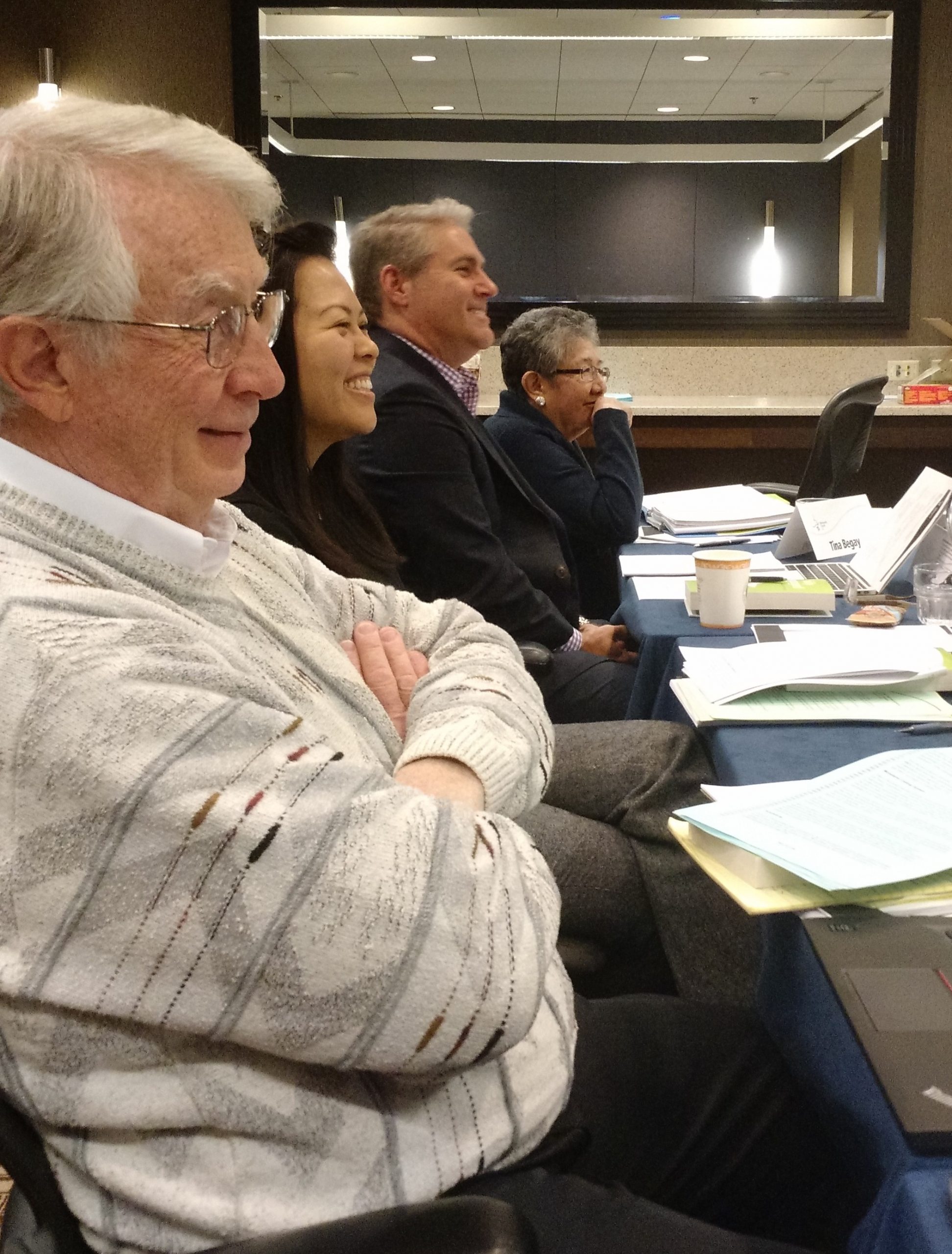 Mennonite Church USA Executive Board members at their February 2016 meeting near Chicago: (left to right) Earl Kellogg, Joyce Kusuma, Jim Caskey, Tina Begay. (Photo by Janie Beck Kreider)