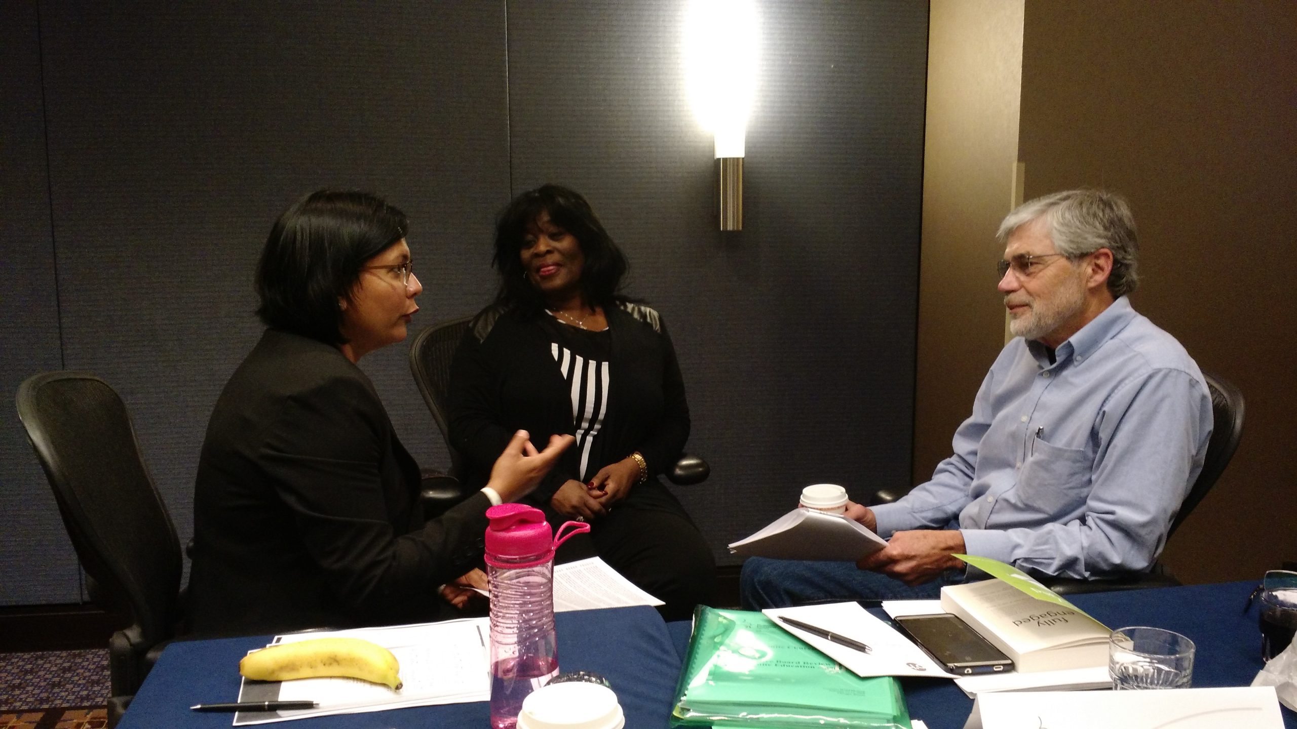 Mennonite Church USA Executive Board members at their February 2016 meeting near Chicago: (left to right) Nisha Springer, Zenobia Sowell-Bianchi, Larry Hauder, Yvonne Diaz, Samuel Voth Schrag, Joy Sutter, Shelley Buller (EB staff). (Photo by Janie Beck Kreider)