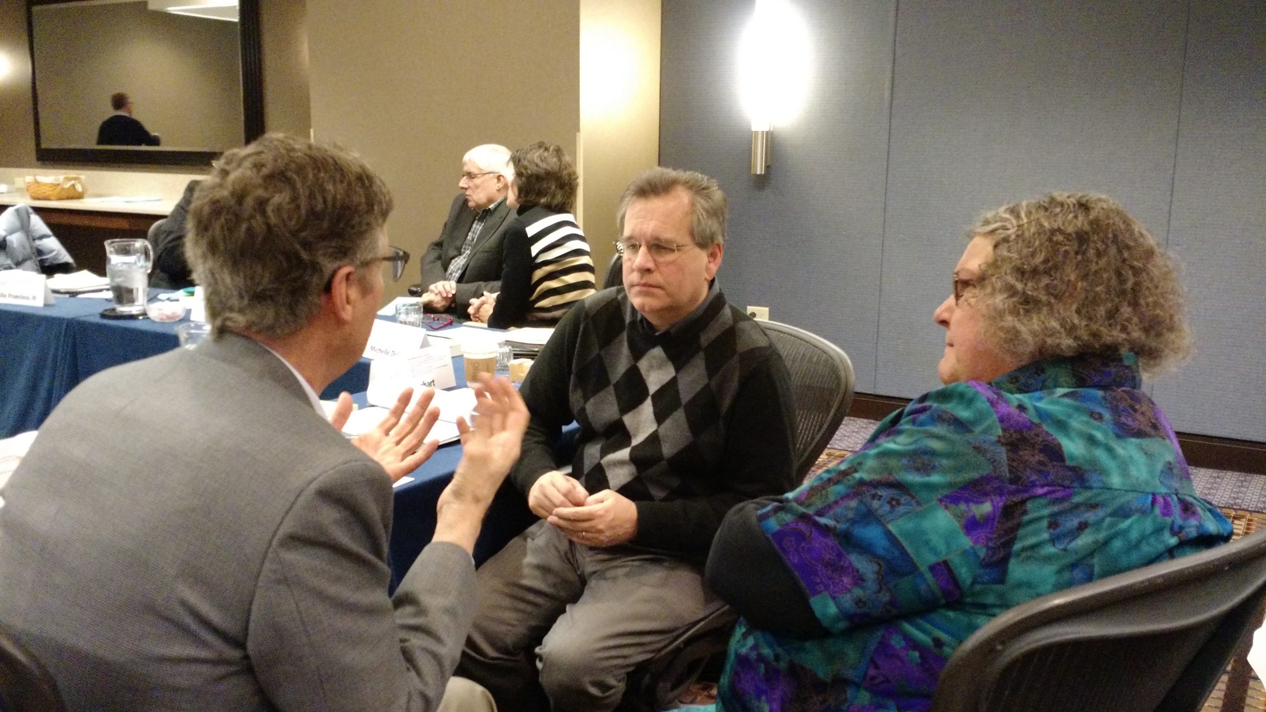 Mennonite Church USA Executive Board members at their February 2016 meeting near Chicago: (left to right) Ervin Stutzman, executive director; David Boshart, moderator-elect; Patty Shelly, moderator. (Photo by Janie Beck Kreider)