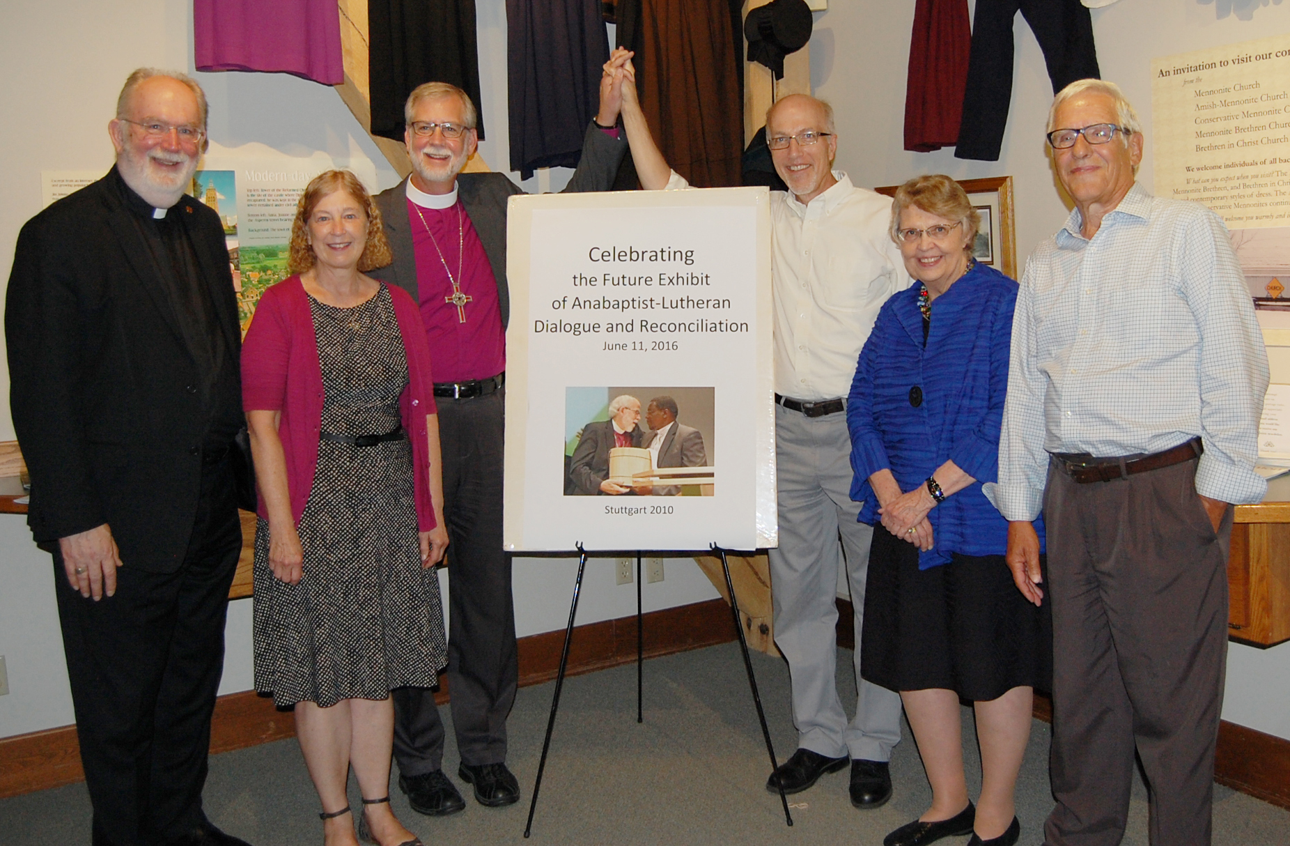 (l. to r.) Rev. Chris Boerger, secretary of the Evangelical Lutheran Church in America (ELCA); Gayle Gerber Koontz, Mennonite member of the Mennonite Church USA – ELCA dialogue group, 2002–04; Bishop Bill Gafkjen, ELCA Indiana-Kentucky Synod; J. Nelson Kraybill, president of Mennonite World Conference and pastor at Prairie Street Mennonite Church in Elkhart; Kathryn Johnson, director of ecumenical and inter-religious relations of the ELCA; and Joe Yoder, volunteer and former Menno-Hof director; participated in a Lutheran-Mennonite tour of the Menno-Hof Amish-Mennonite Information Center in Shipshewana, Indiana, on June 11. (Photo by Leslie French, Indiana-Kentucky Synod Communicator)