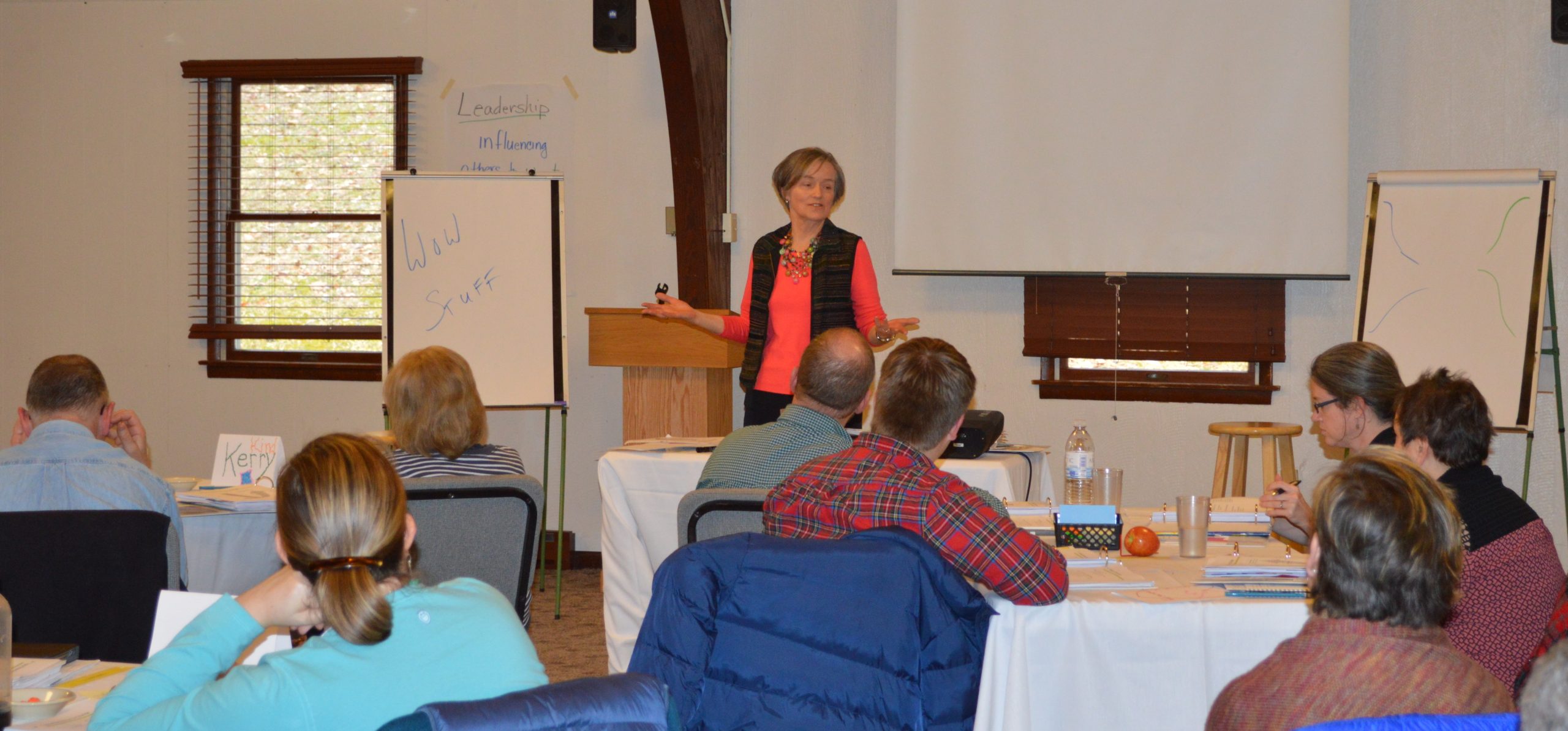 Lee Schmucker of Schmucker Training & Consulting, a member of the resource team for the Values-based Leadership Program, shares with VBLP participants at their February meeting. (Laurelville Mennonite Church Center photo)