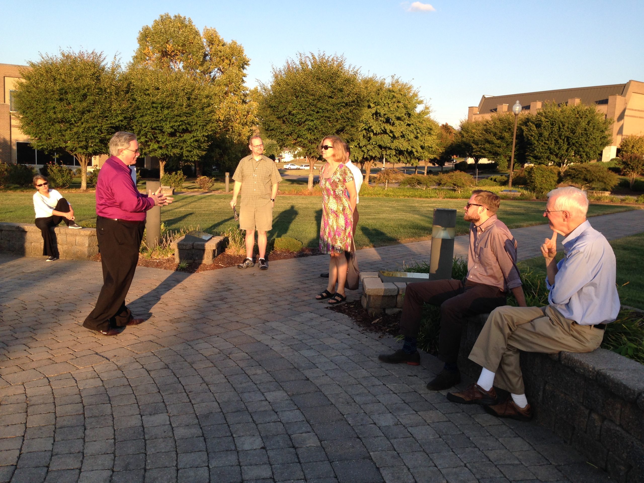 Getting a history tour on Lee University campus.  Left to right:  Elizabeth Soto Albrecht, David Roebuck, Christopher Stephenson, Nancy Bedford, Jamie Pitts, Alan Kreider 