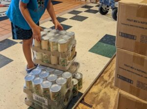 Image of a child stacking boxes of canned goods.