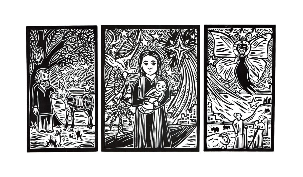 Linocut of nativity artwork showing Mary,Jesus, Joseph, shepherds and angels