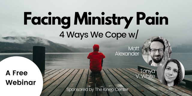Webinar graphic: Facing Ministry Pain, 4 Ways we cope (photo of man in red hoodie on dock)
