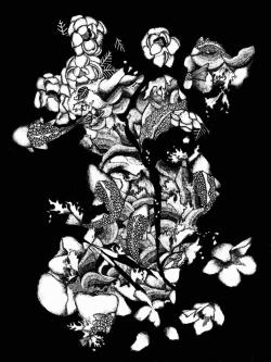 A black and white illustration of faded flowers