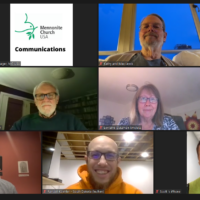 POTC volunteer counselor training. (Left to right, top row) Titus Peachey, Max Lewis, Brad Boyd-Kennedy, (middle row) Fred Suter, Rick Yoder, Lorraine Stutzman-Amstutz, Melissa Atchinson, (bottom row) Tim Godshall, Randall Koehler, Scott Roser (Counselors not pictured) Ruth Keidel Clemens, Eldon Epp. Photo by Camille Dager, Mennonite Church USA.
